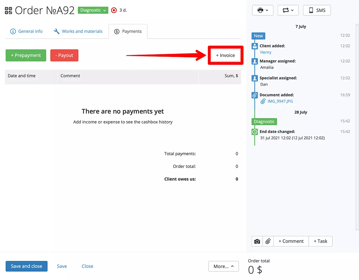 Creating an invoice directly from repair orders in RO App