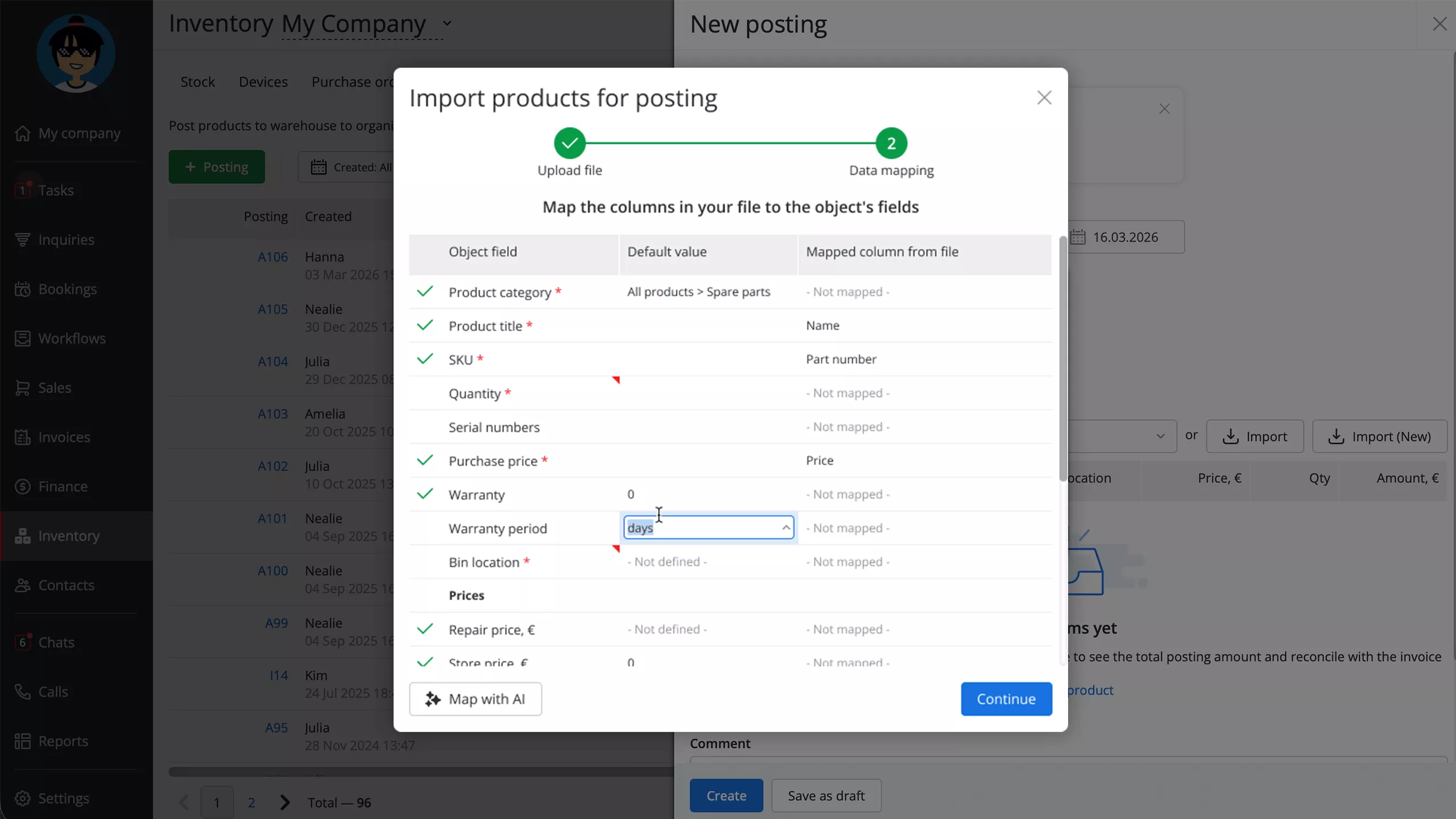 AI-assisted product import in RO App inventory management software