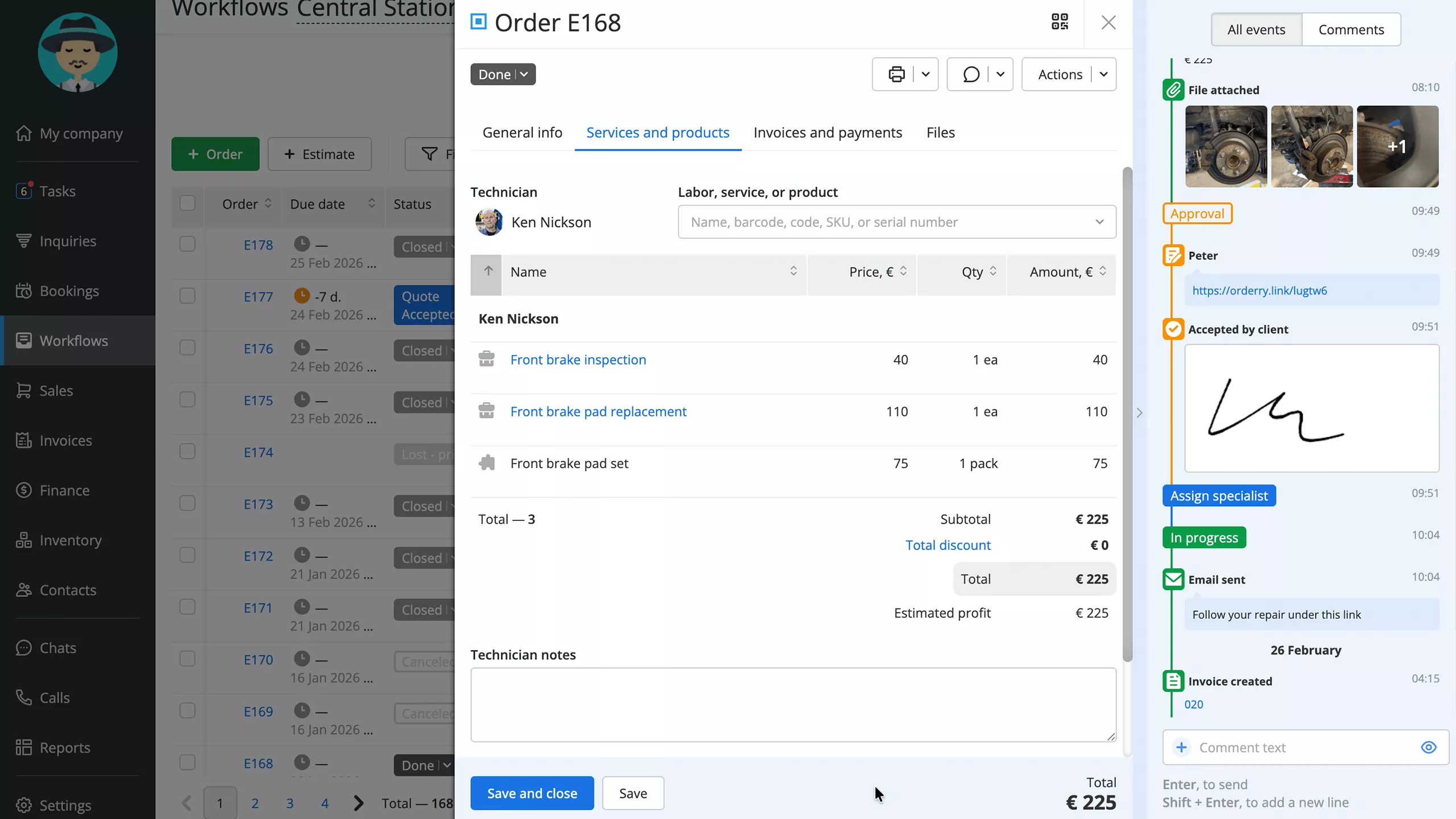 Detailed order with event feed