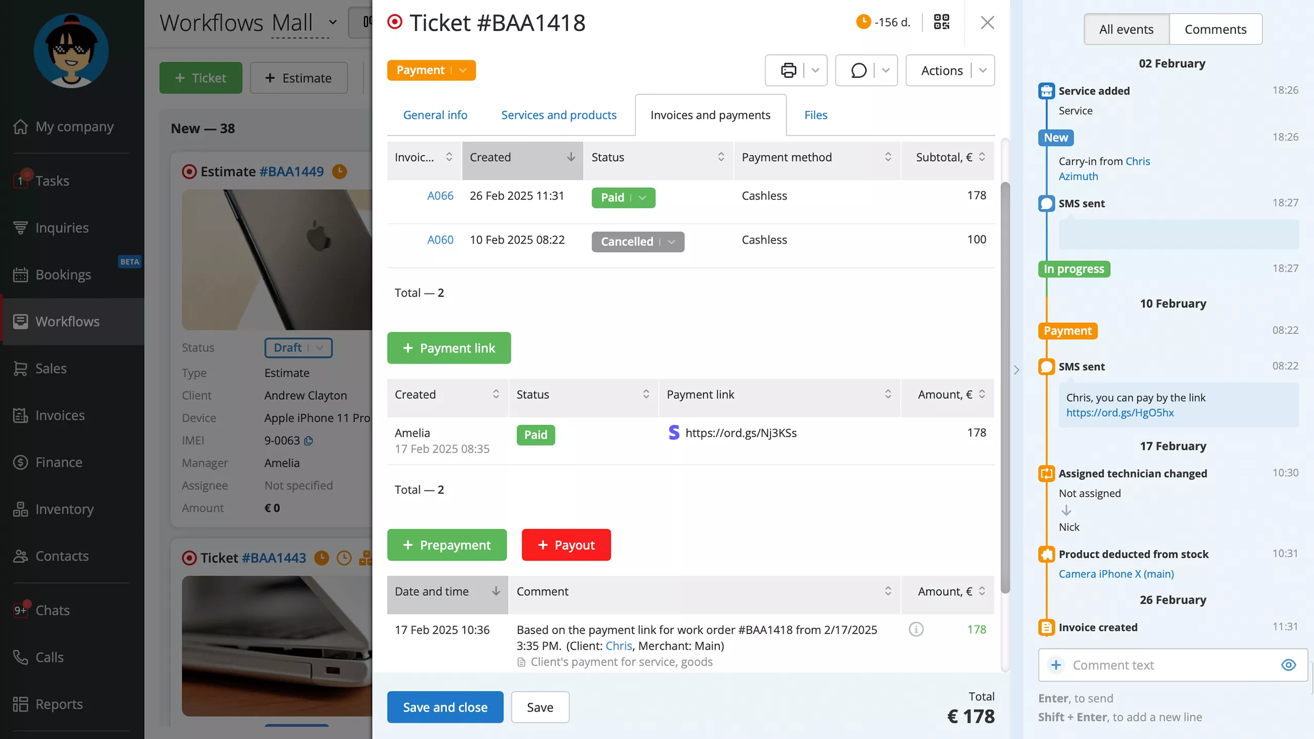 Quick payments via link directly from service tickets