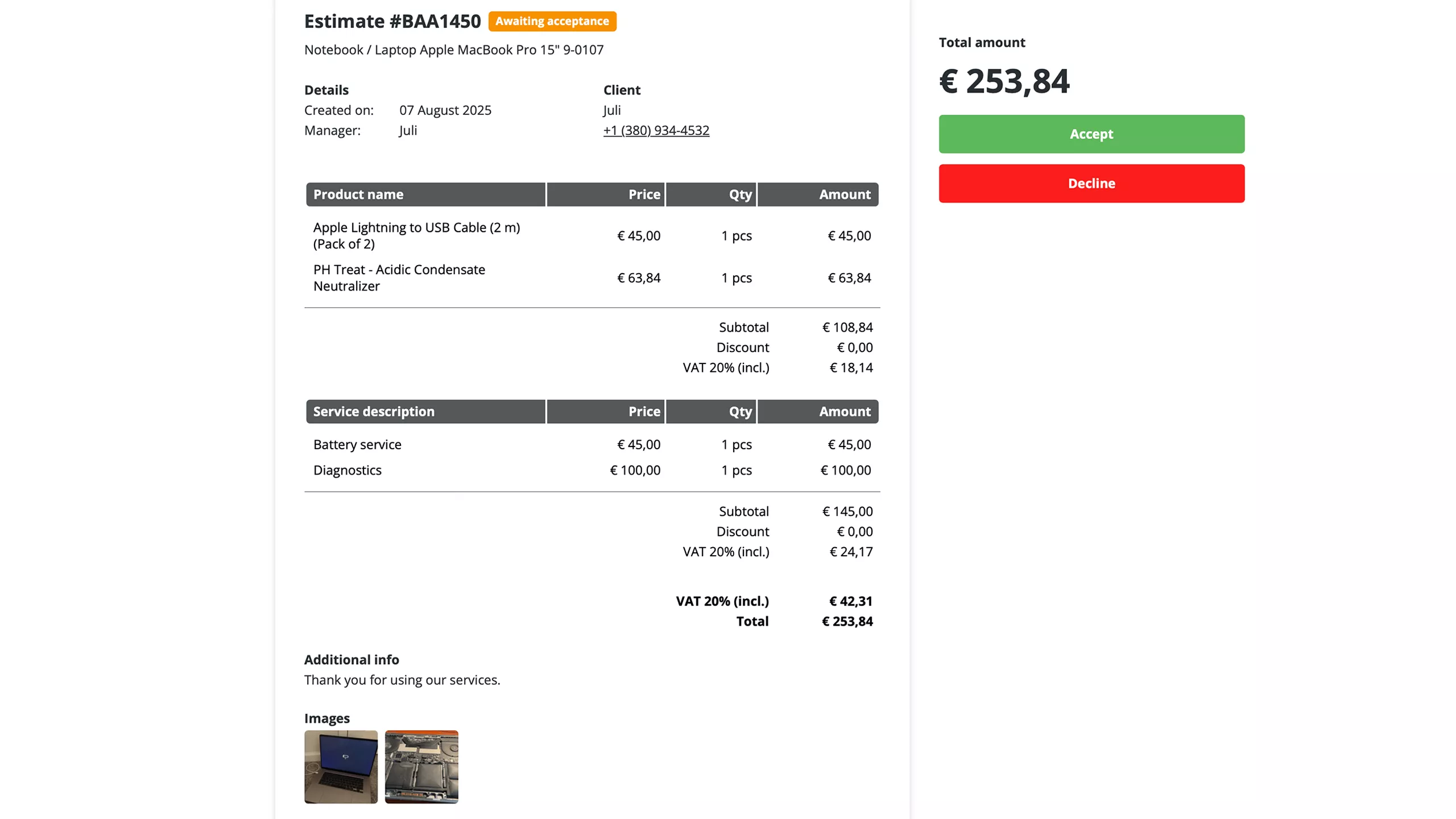 Clear and professional estimates with product and service breakdown