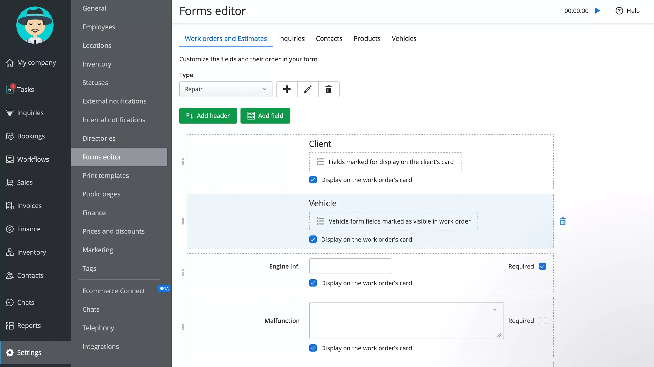 Example of a customizable work order in RO App's form editor