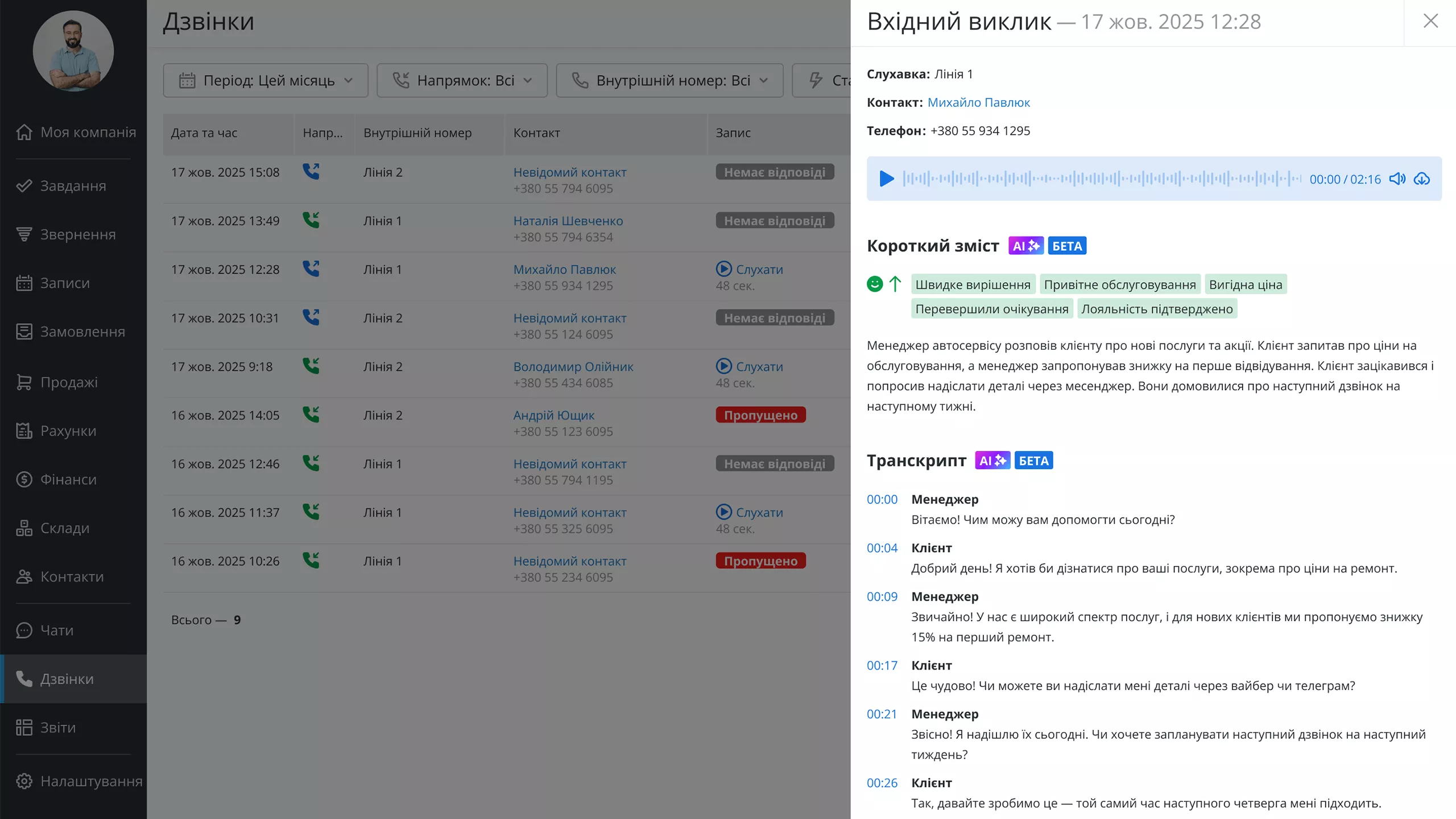 ШІ-транскрибація дзвінків в RO App CRM