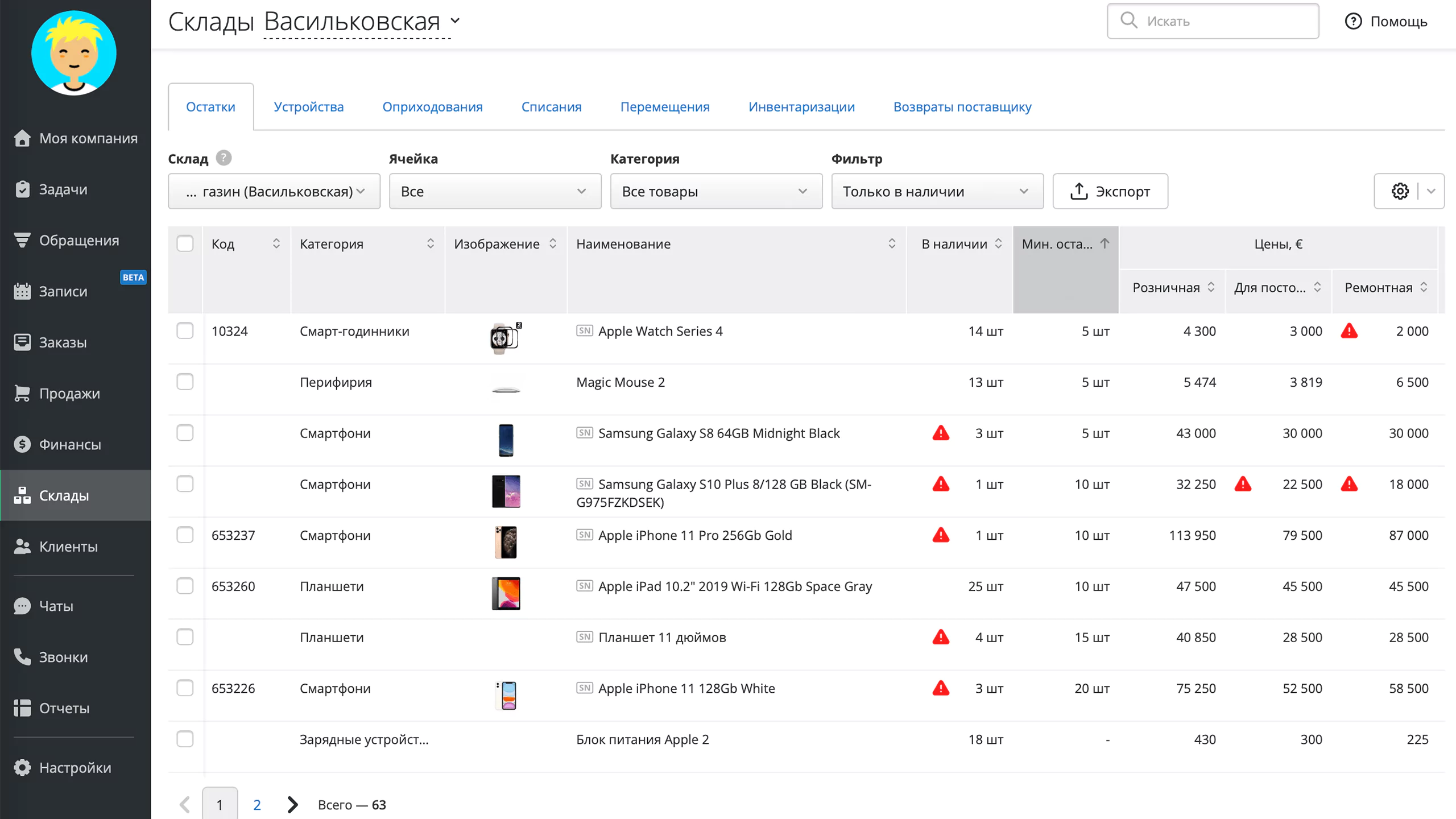 Контроль остатков на складе в RO App