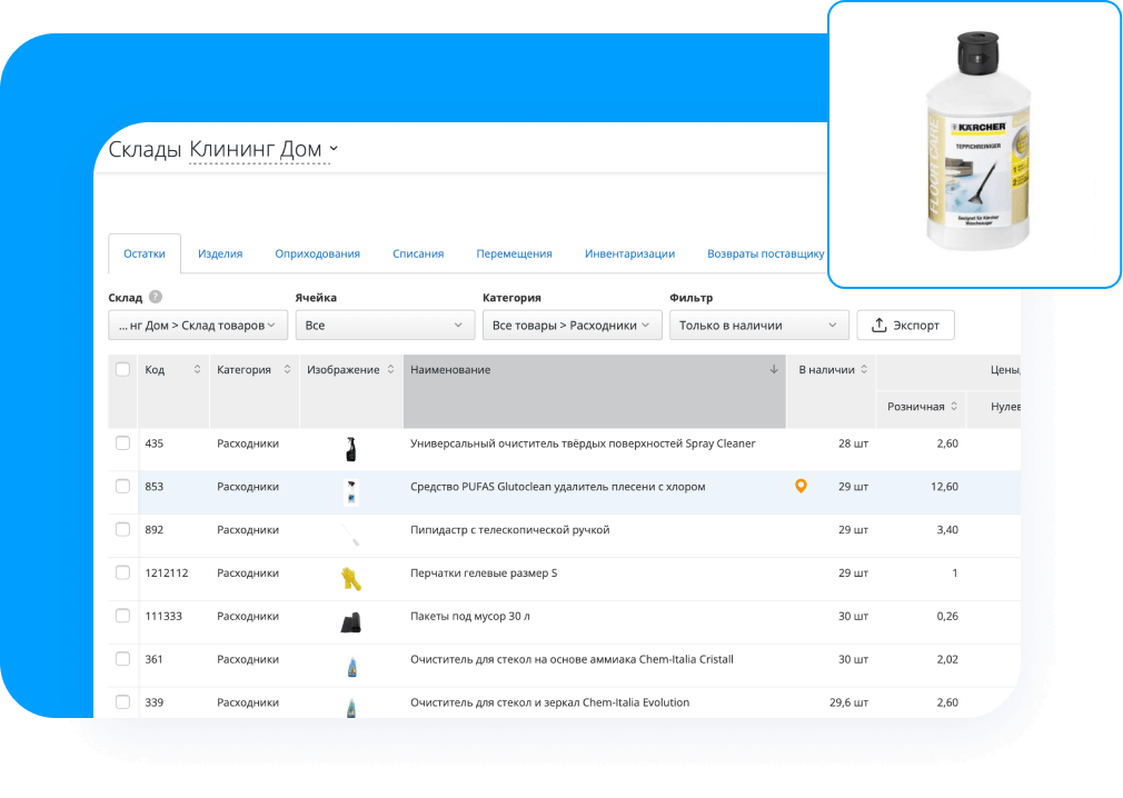 Учет моющих средств и расходных материалов