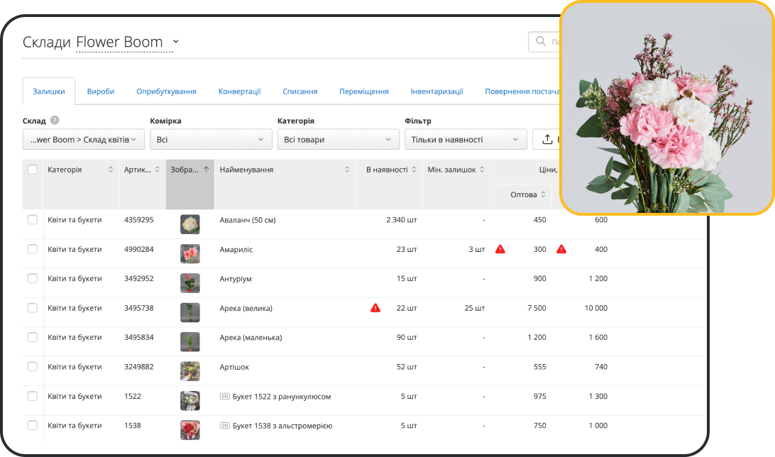 Складський облік квітів, букетів та витратних матеріалів у програмі RO App