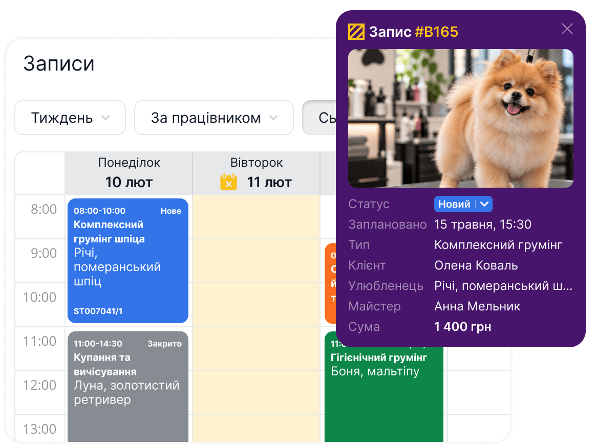 Планувальник для грумінг-салону з розкладом візитів і робочих змін