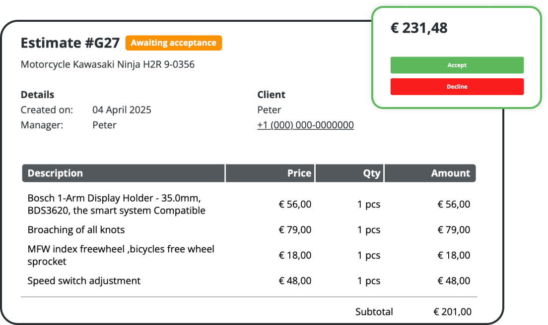Software de presupuestos de reparaciones de motocicletas con facturación en línea