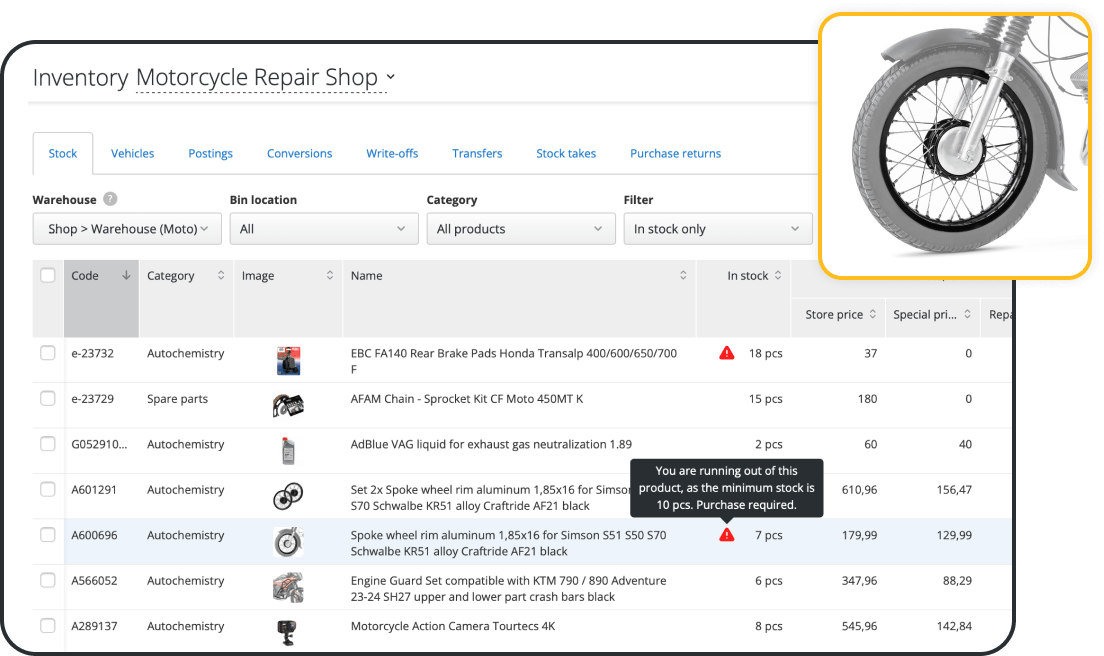 Gestión de piezas y existencias en tiempo real para talleres de motocicletas