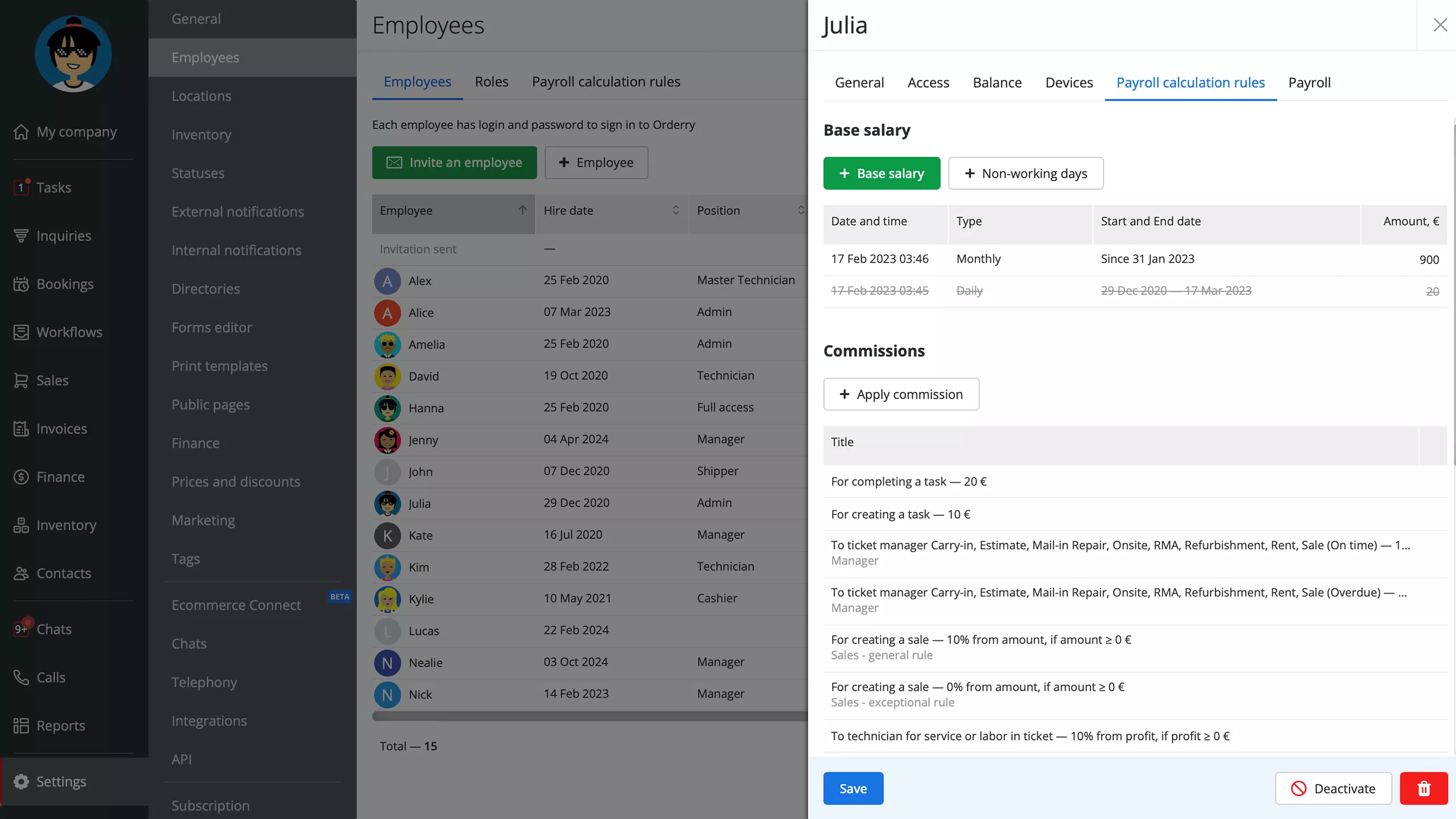 Screenshot of Payroll settings in RO App