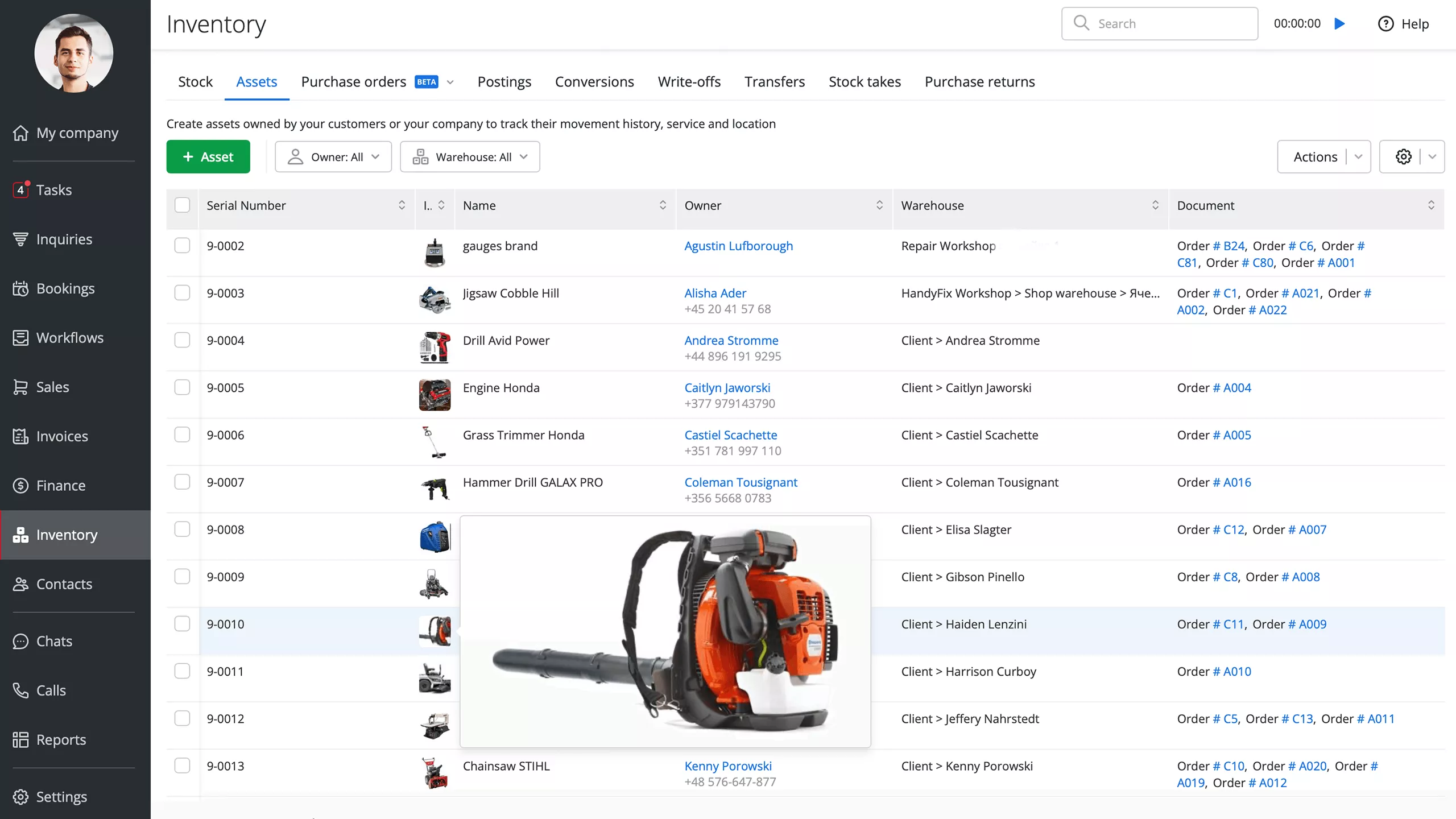 Screenshot of an asset warehouse in RO App
