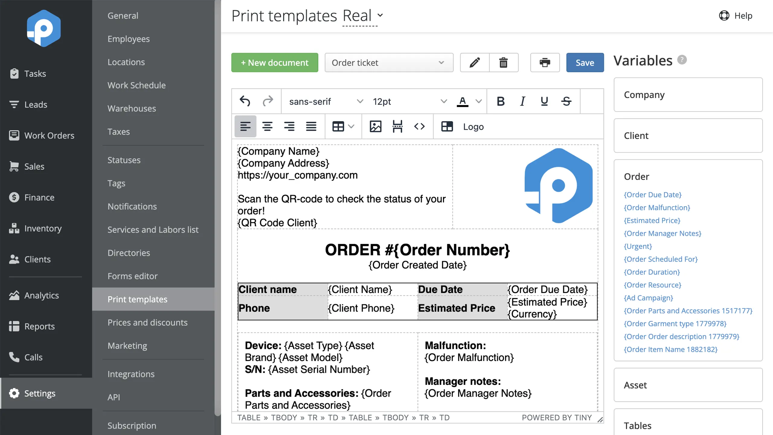 Screenshot of the Document Template Editor in RO App