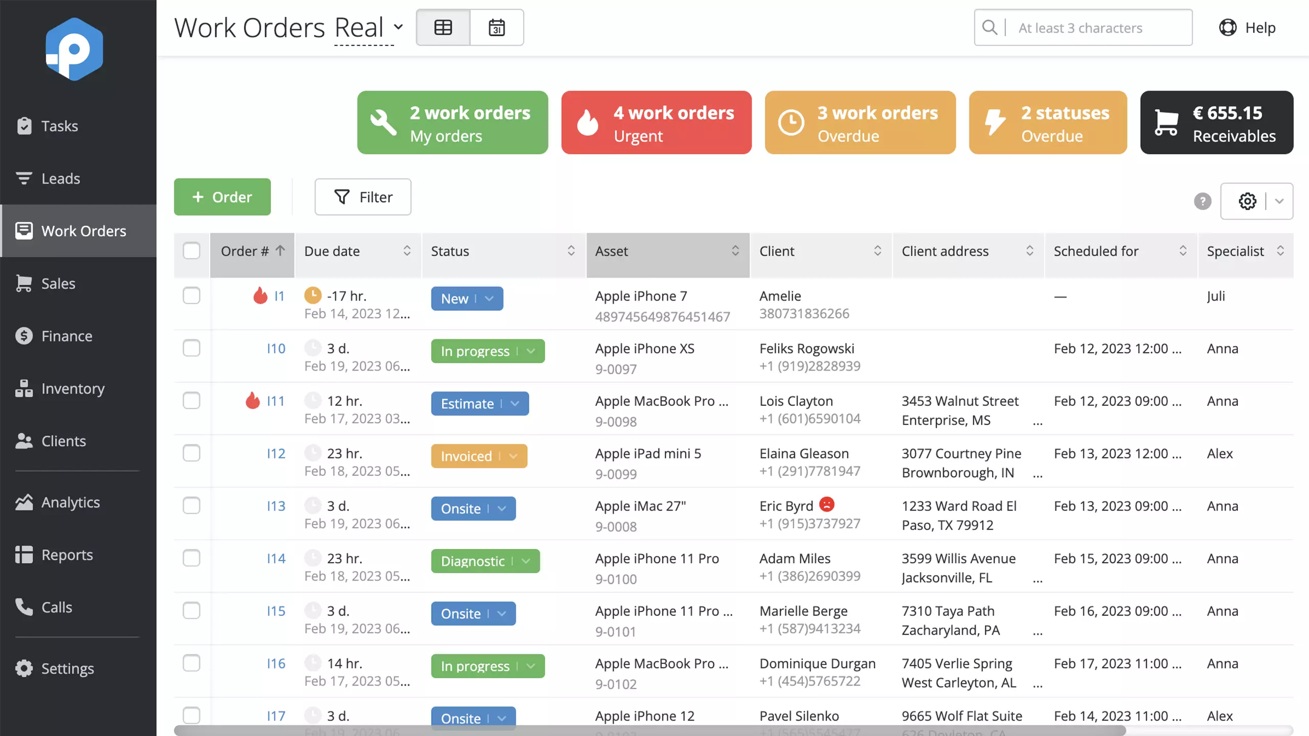 How work orders are displayed in RO App